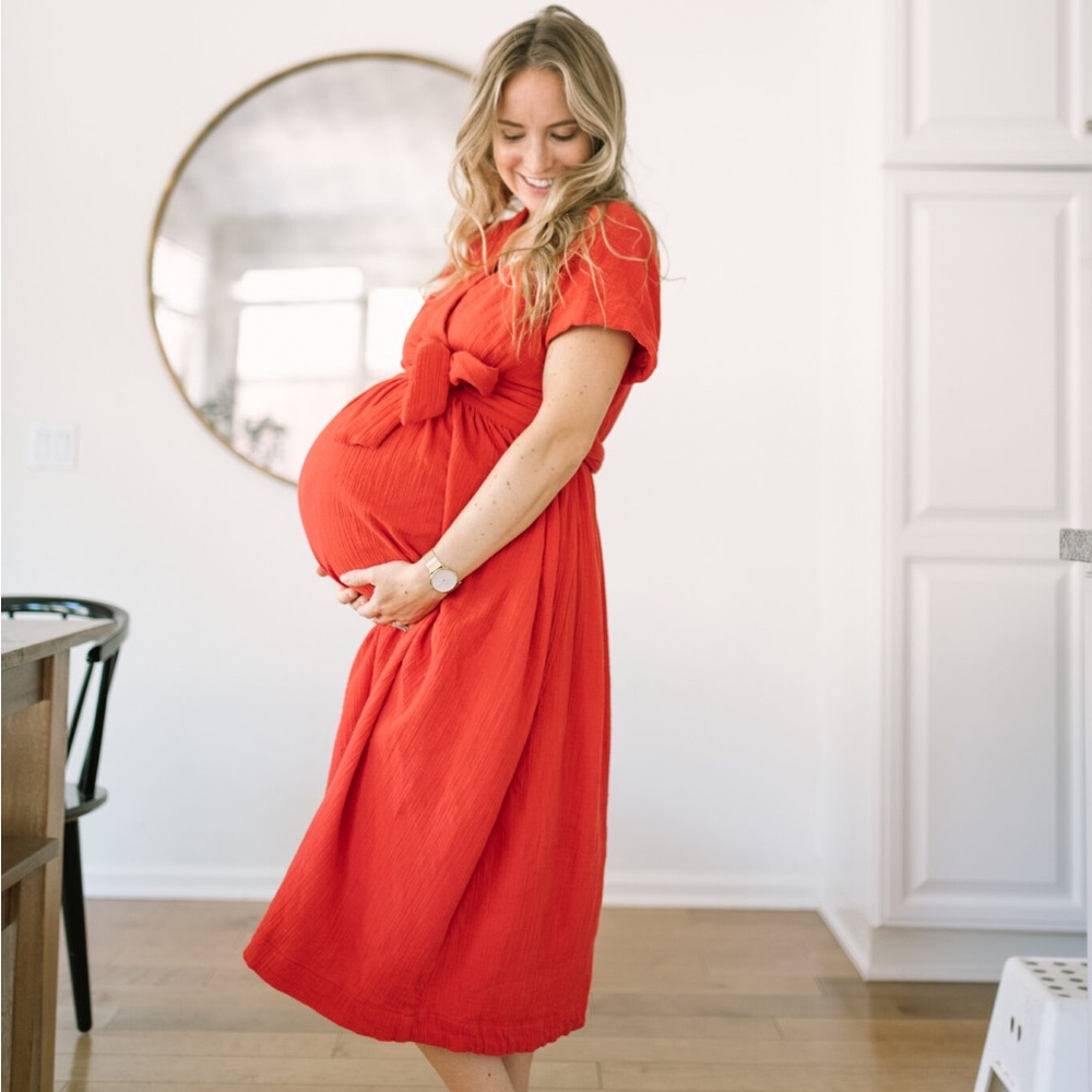 Maternity Tie-Front Midi Dress in Coral Red